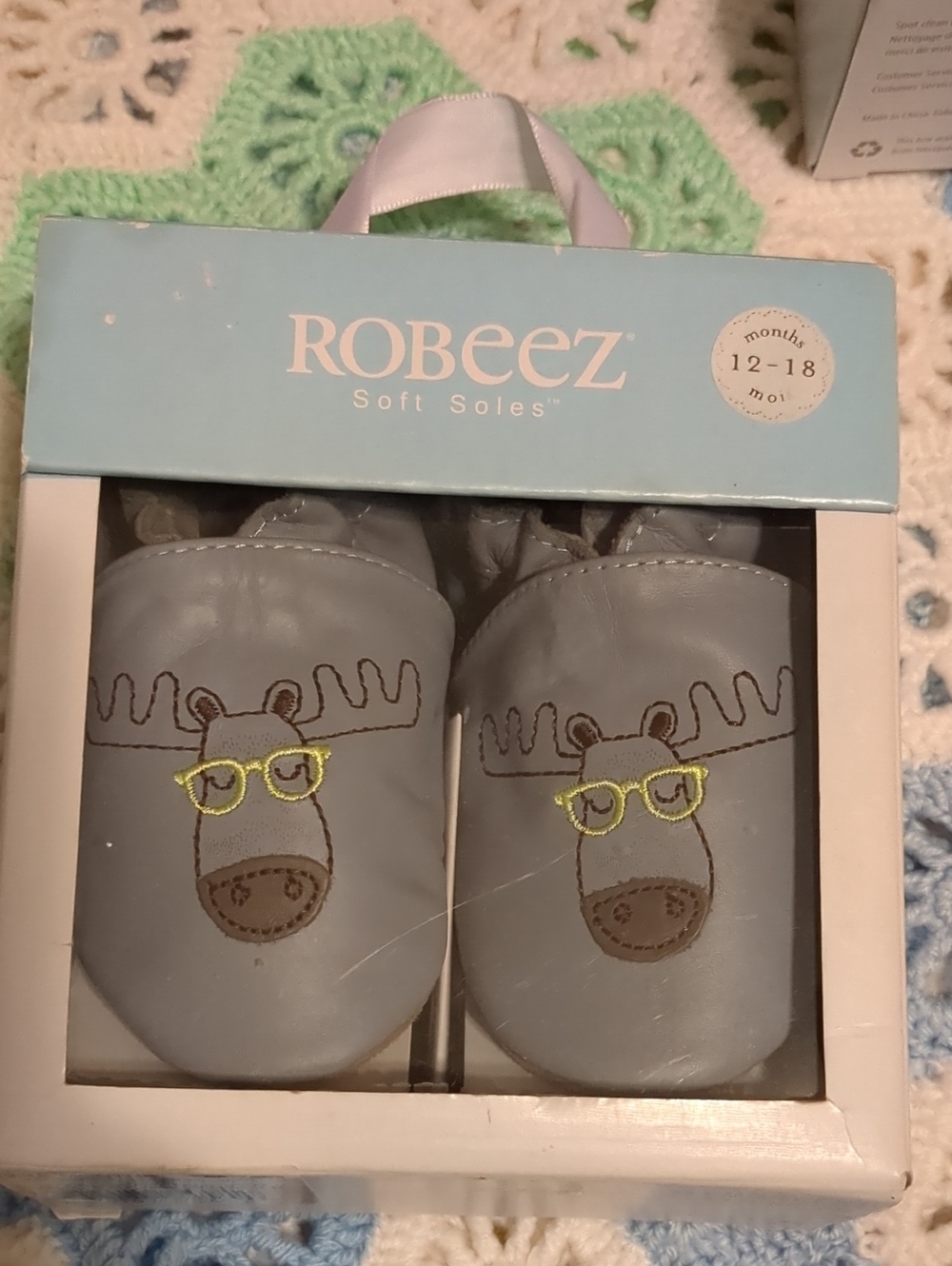 Robeez Gray Moose Soft-Soled Baby Moccasins with Yellow Glasses Detail